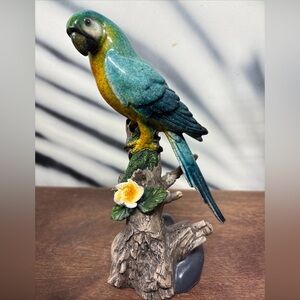 Vintage Colorful Ceramic Macau Parrot Figurine On Resin Tree Trunk